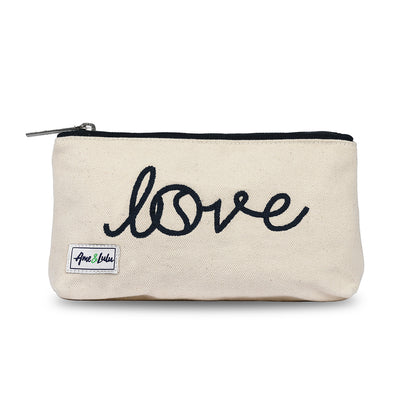 Front view of small canvas makeup pouch with navy zipper. Front has the word love embroidered on.