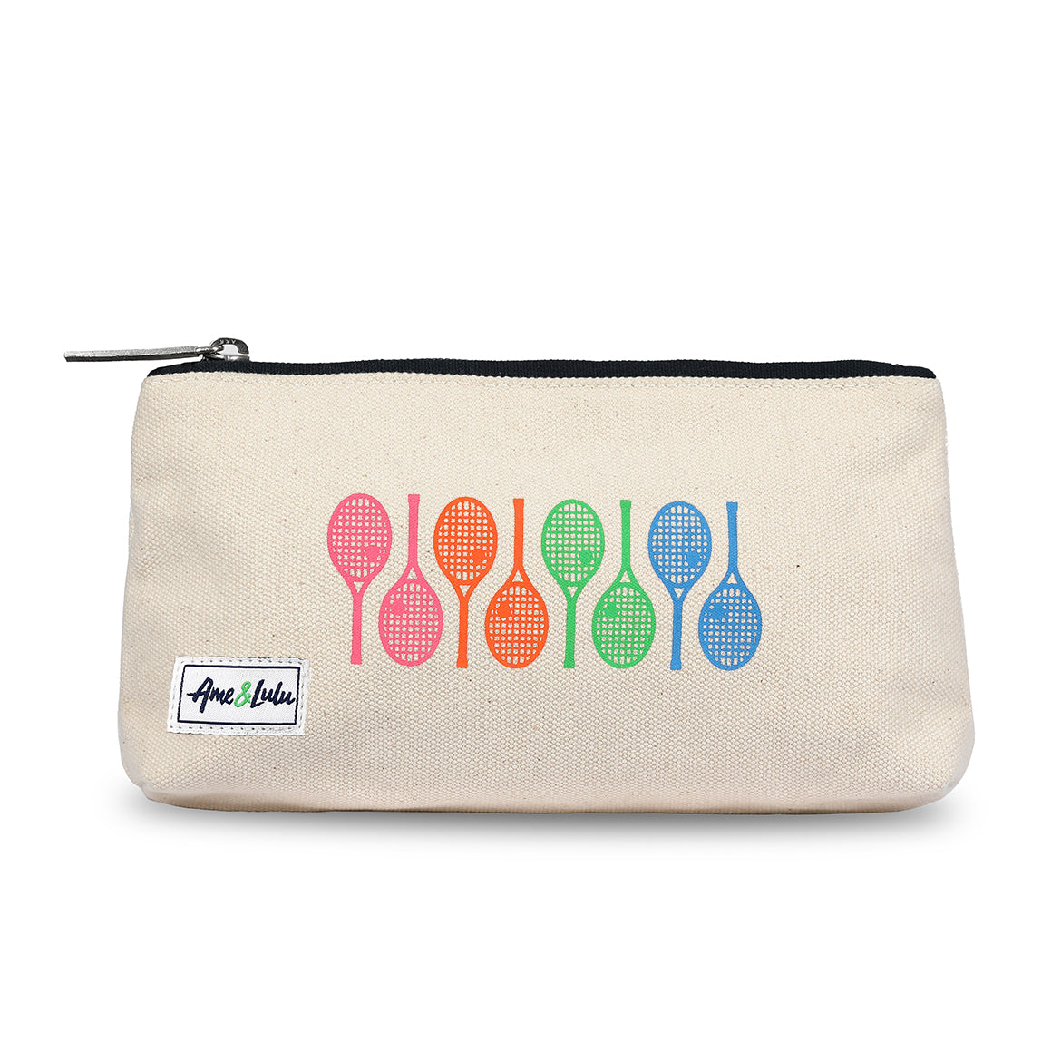 Front view of small canvas makeup pouch with navy zipper. Front has a line of rainbow racquets printed on.