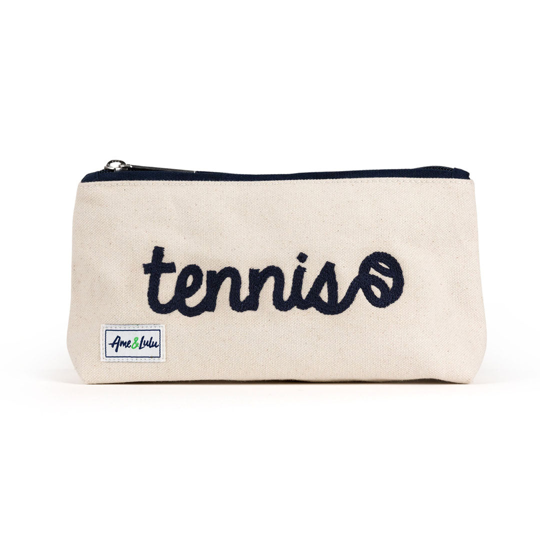 Front view of small canvas makeup pouch with navy zipper. Front has the word tennis in cursive embroidered on.