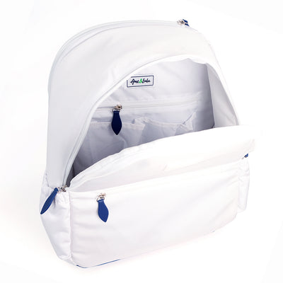Inside view of white tennis backpack shows pockets inside.