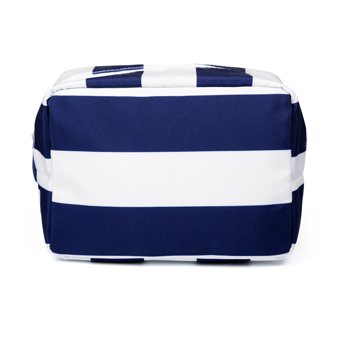 front view of navy and white striped nylon pouch