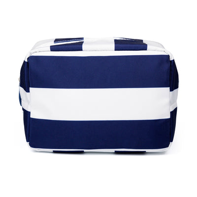 front view of navy and white striped nylon pouch