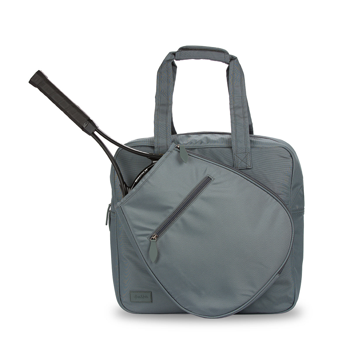 Front view of charcoal grey tennis tote with tennis racquet in front pocket.