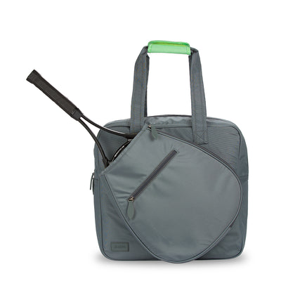 Front view of charcoal grey tennis tote with tennis racquet in front pocket. Tennis tote has mint green handle cap.