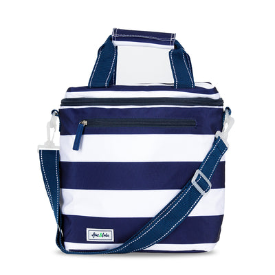 white and navy striped nylon soft cooler