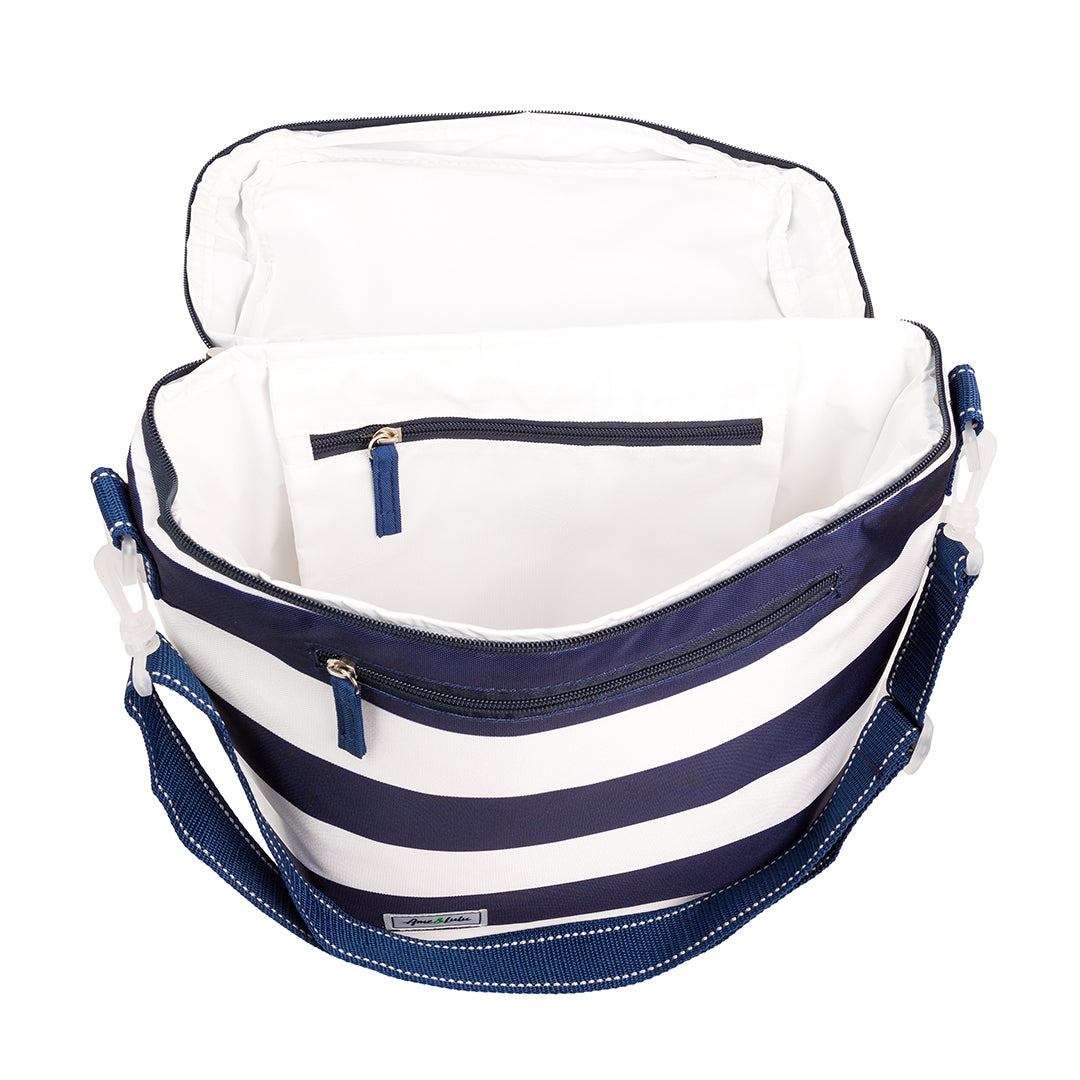 interior photo of white and navy striped nylon soft cooler