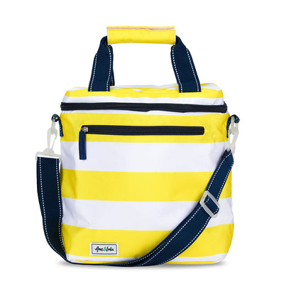 white and yellow striped nylon soft cooler