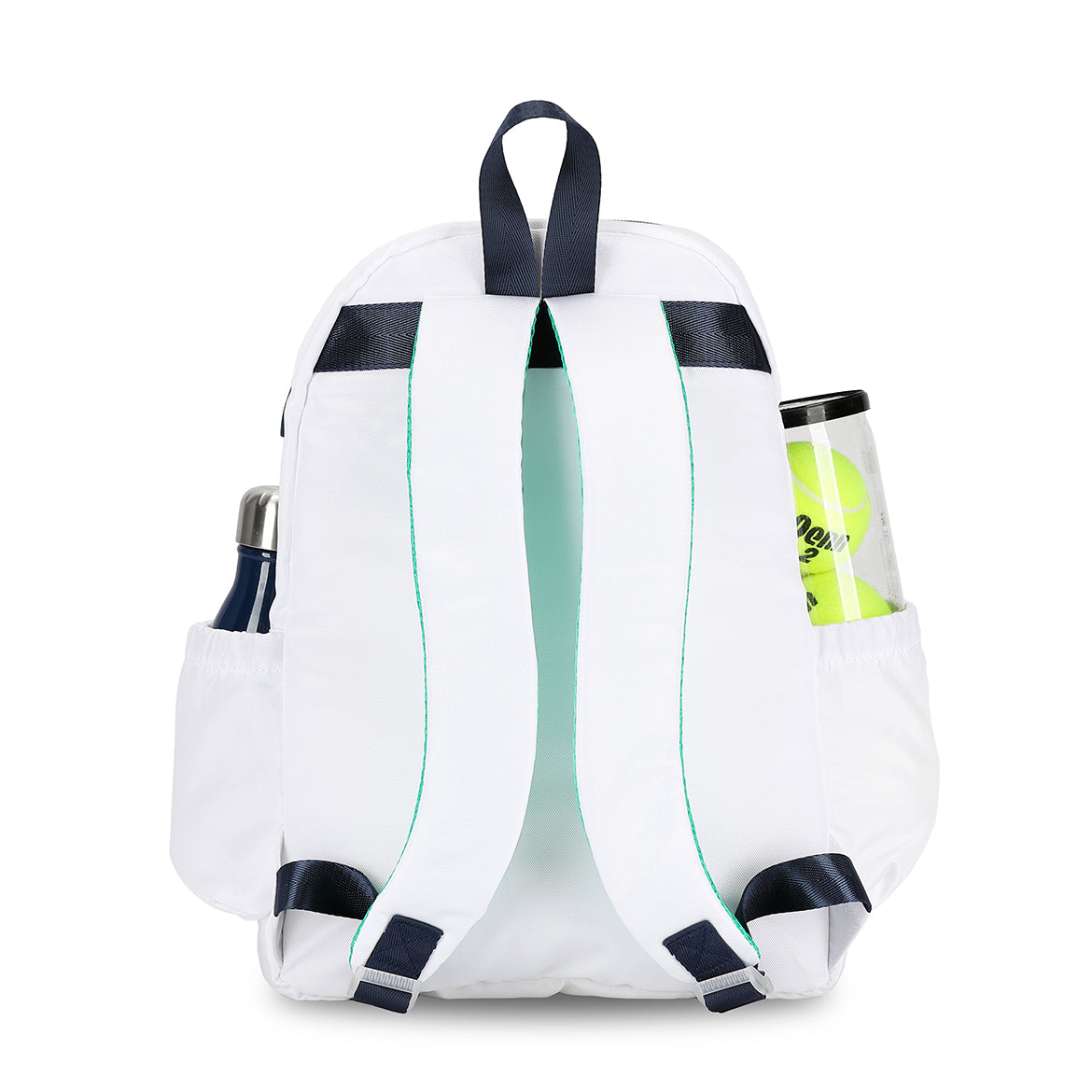 Back view of white kids tennis backpack with navy trim.