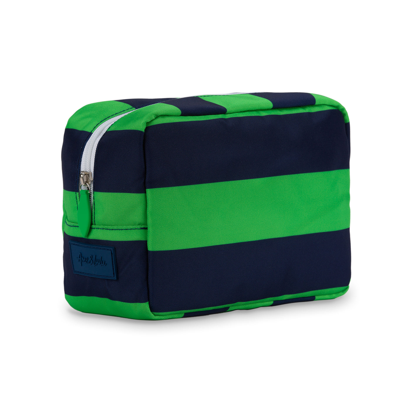 navy and green striped nylon pouch
