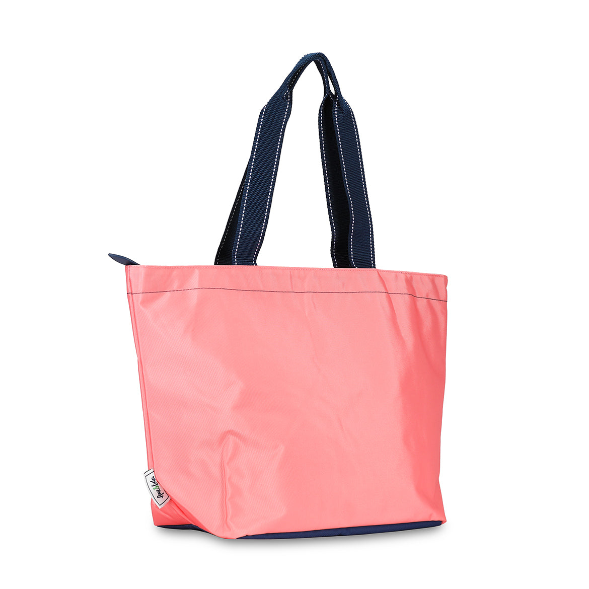side view of coral nylon tote with navy straps