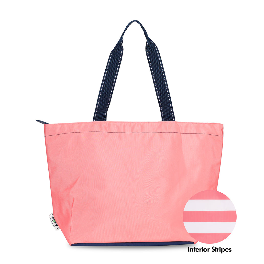 coral nylon tote bag with navy straps with a swatch next to it that shows coral and white interior stripes