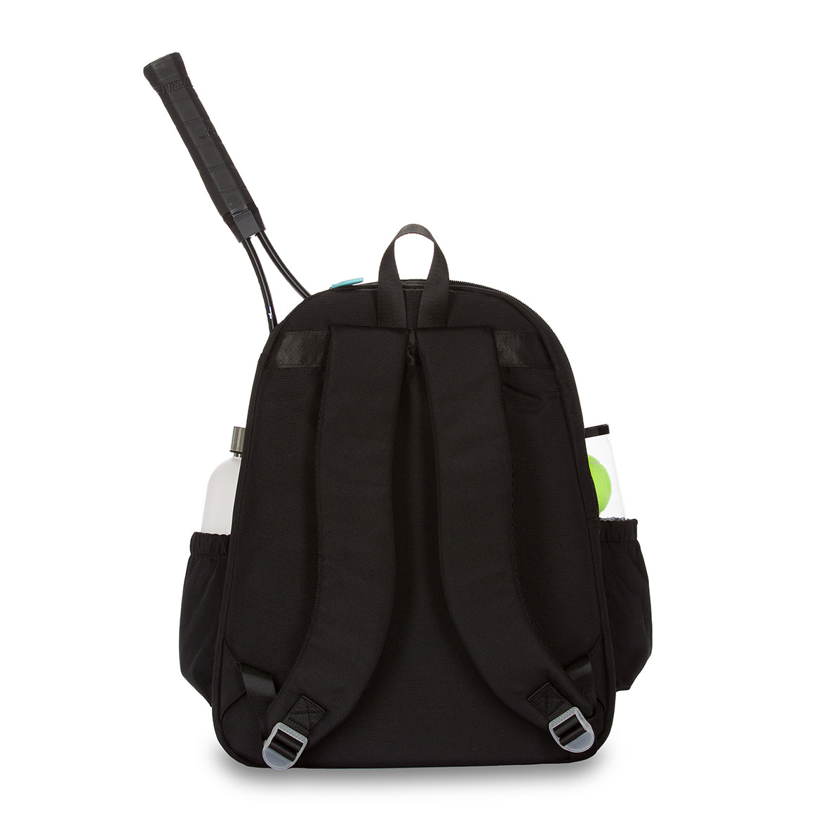 Back view of black courtside tennis backpack with tennis racquet inside interior pocket.