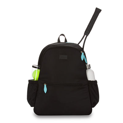 Front view of black courtside tennis backpack with aqua blue zippers. Water bottle and tennis balls are in the side pockets.