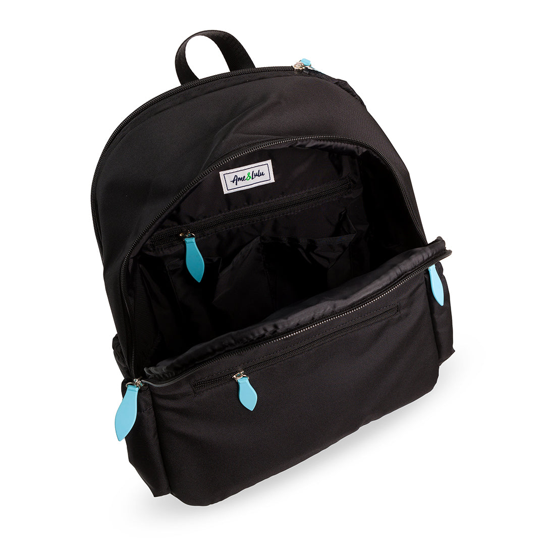 Inside view of black tennis backpack showing interior pockets.