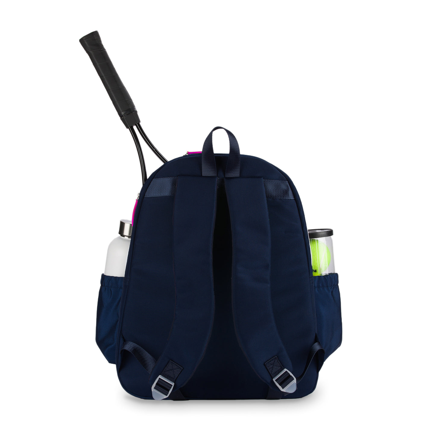 Back view of navy tennis backpack with tennis racquet held in the racquet pocket.
