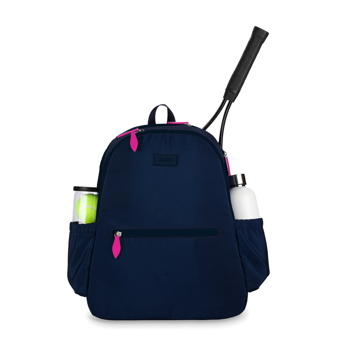 Front view of navy courtside tennis backpack with hot pink zippers. There is a racquet held inside the bag in the racquet pocket.