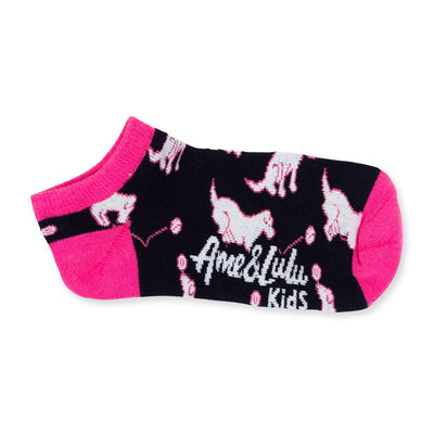 pair of navy kids socks with hot pink heel and toes with white puppies stitched on socks