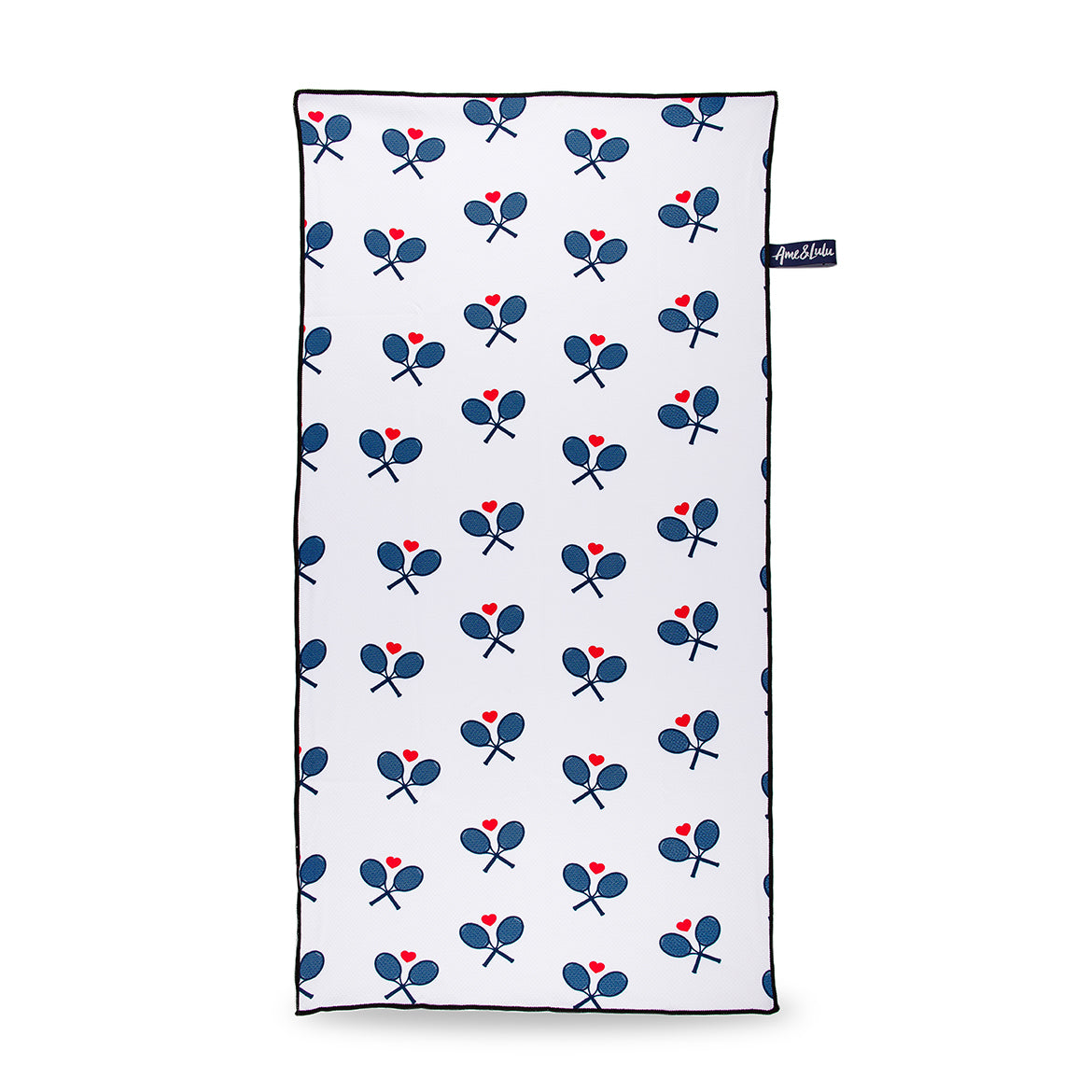 White rectangular towel with repeating navy crossed racquets and red hearts.
