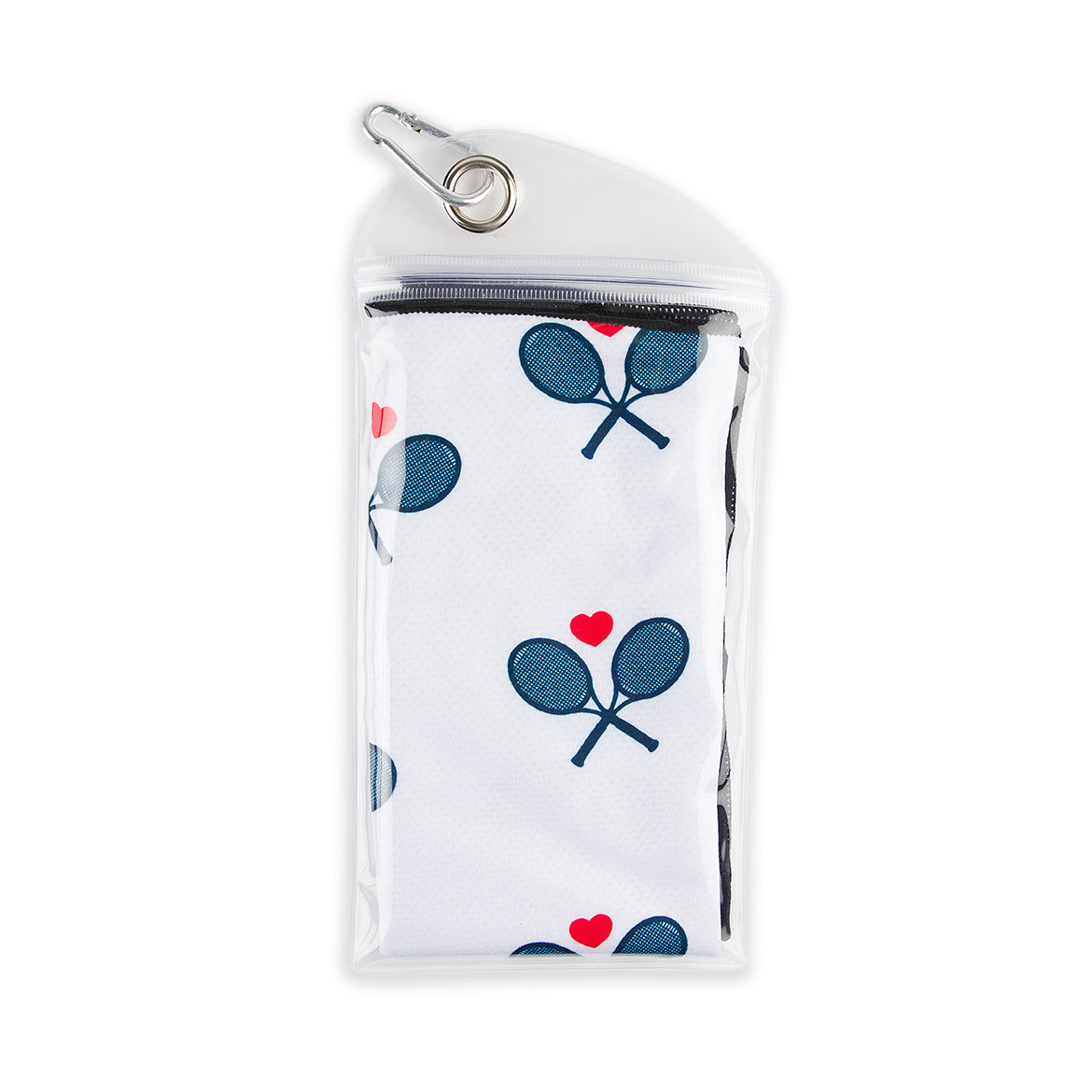 White sport towel with navy racquets folded into small carrying pouch.