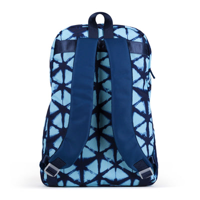 backview of navy and blue shibori backpack