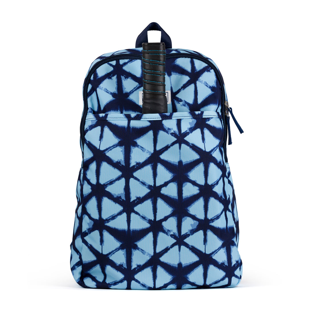 blue and navy shibori pattern pickleball backpack