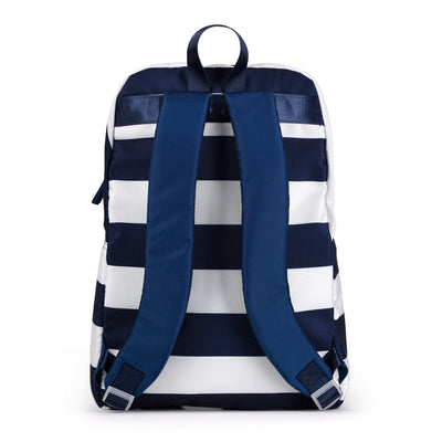 back view of navy and white striped pickleball backpack
