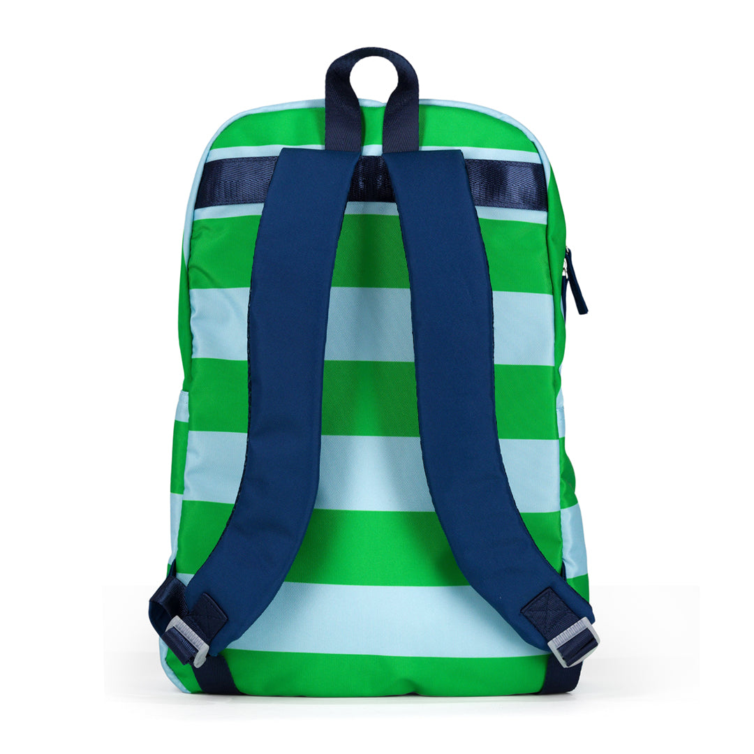 back view of light blue and green striped pickleball backpack