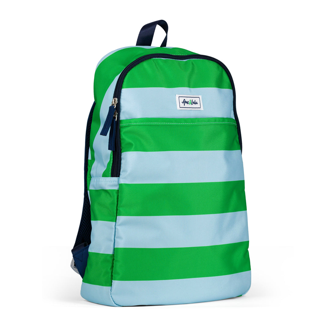 side view of light blue and green striped pickleball backpack
