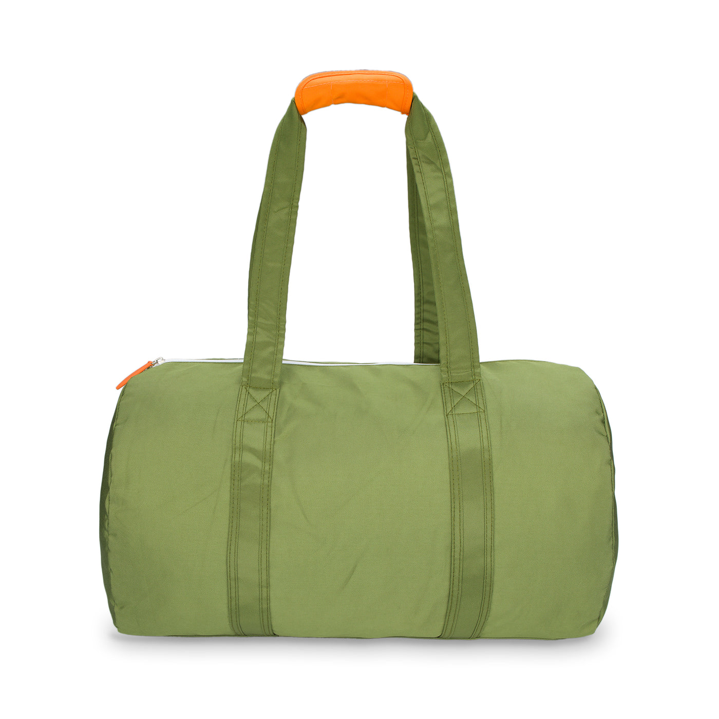 army green duffel with orange cap on the straps