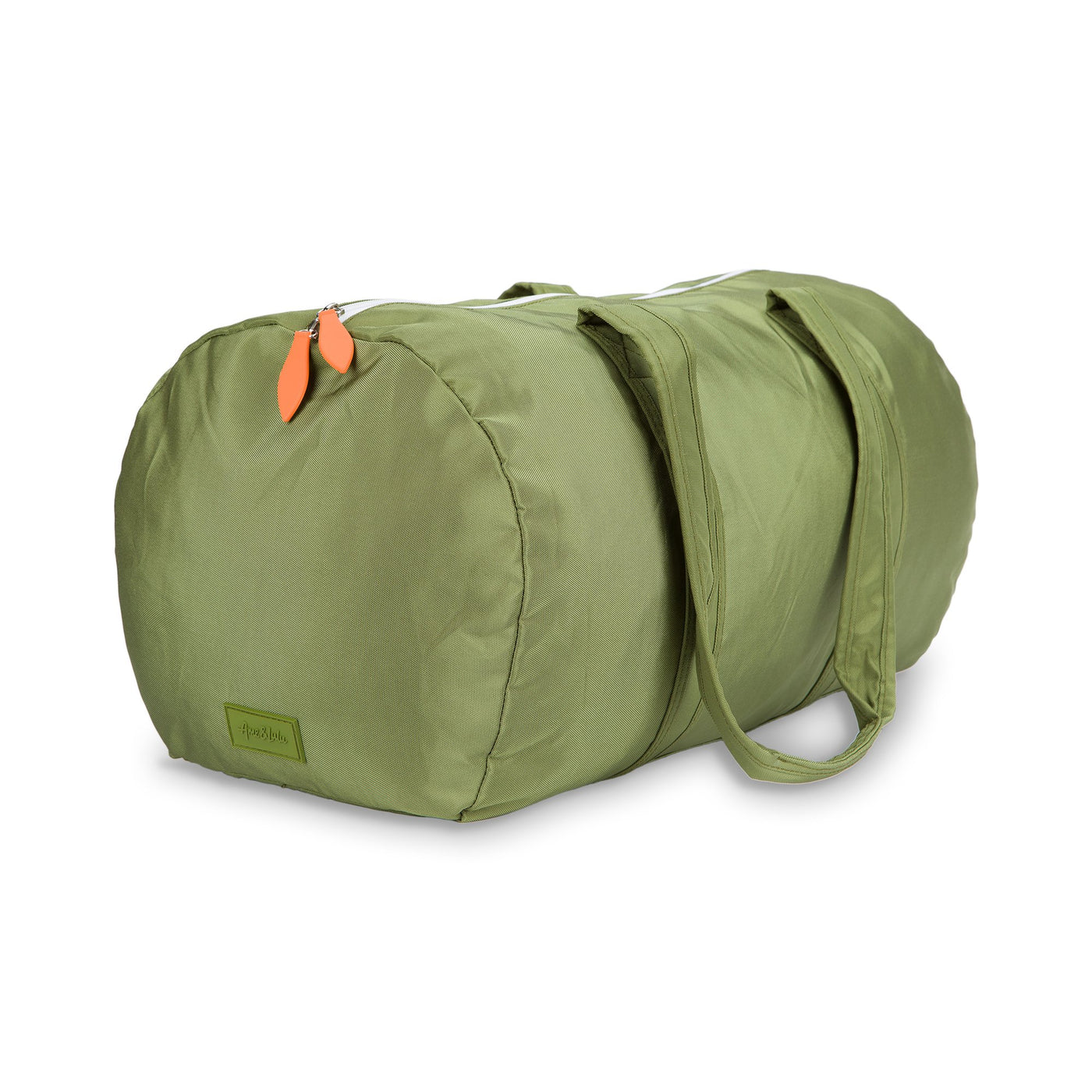 side view of army green duffel with orange cap on the straps