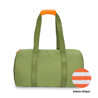 army green duffel with orange cap on the straps with swatch next to it to show that it has orange and white interior stripes