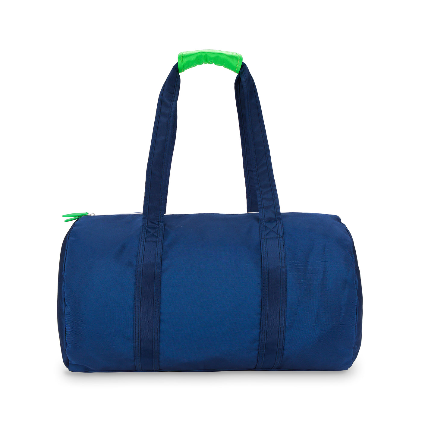 navy nylon duffel with lime green cap on straps