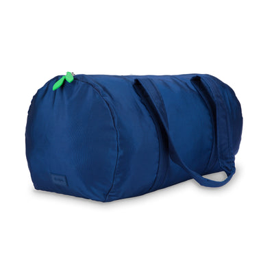 side view of navy nylon duffel