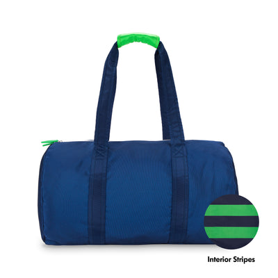 navy nylon duffel with swatch next to it to show that it has navy and green interior stripes