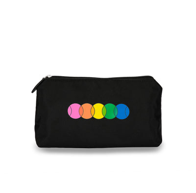 Front view of small everyday pouch. Pouch is all black with rainbow tennis balls on the front.