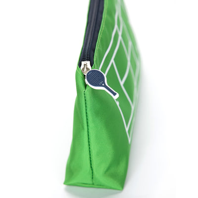 Close up view of navy and white tennis racquet shaped zipper on everyday pouch.