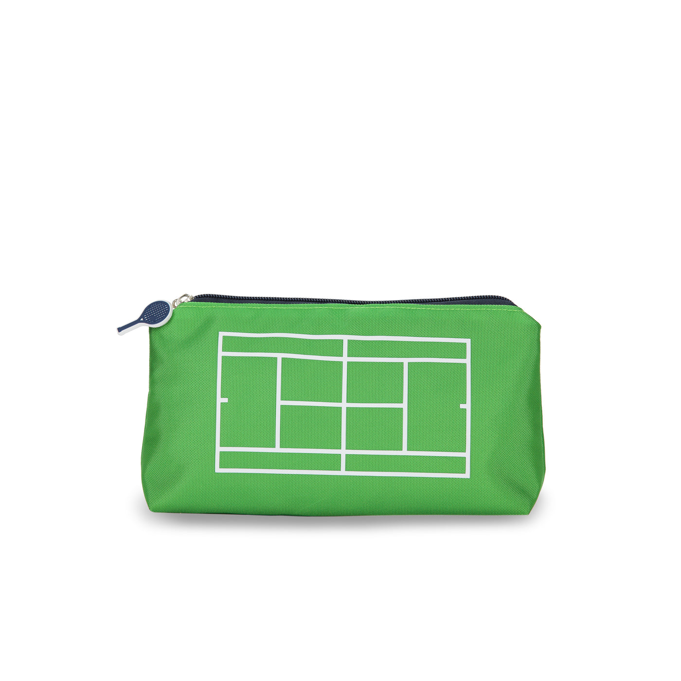 Front view of everyday pouch. Pouch in grass green with navy zipper and white tennis court lines on the front of the pouch. There is a navy and white tennis racquet for a zipper pull.