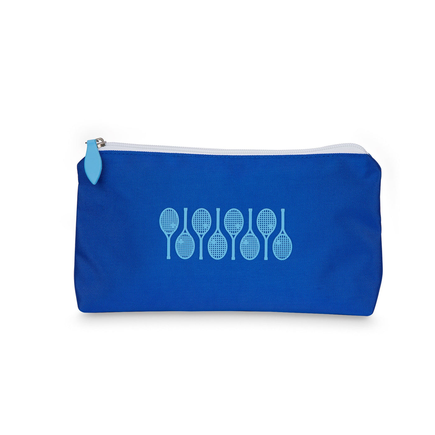 Front view of small everyday pouch with top zipper. Pouch is blue with light blue racquets printed across the front.