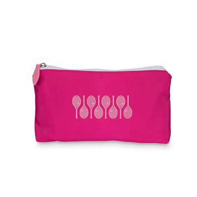 Front view of small everyday pouch with top zipper. Pouch is pink with light pink racquets printed across the front.