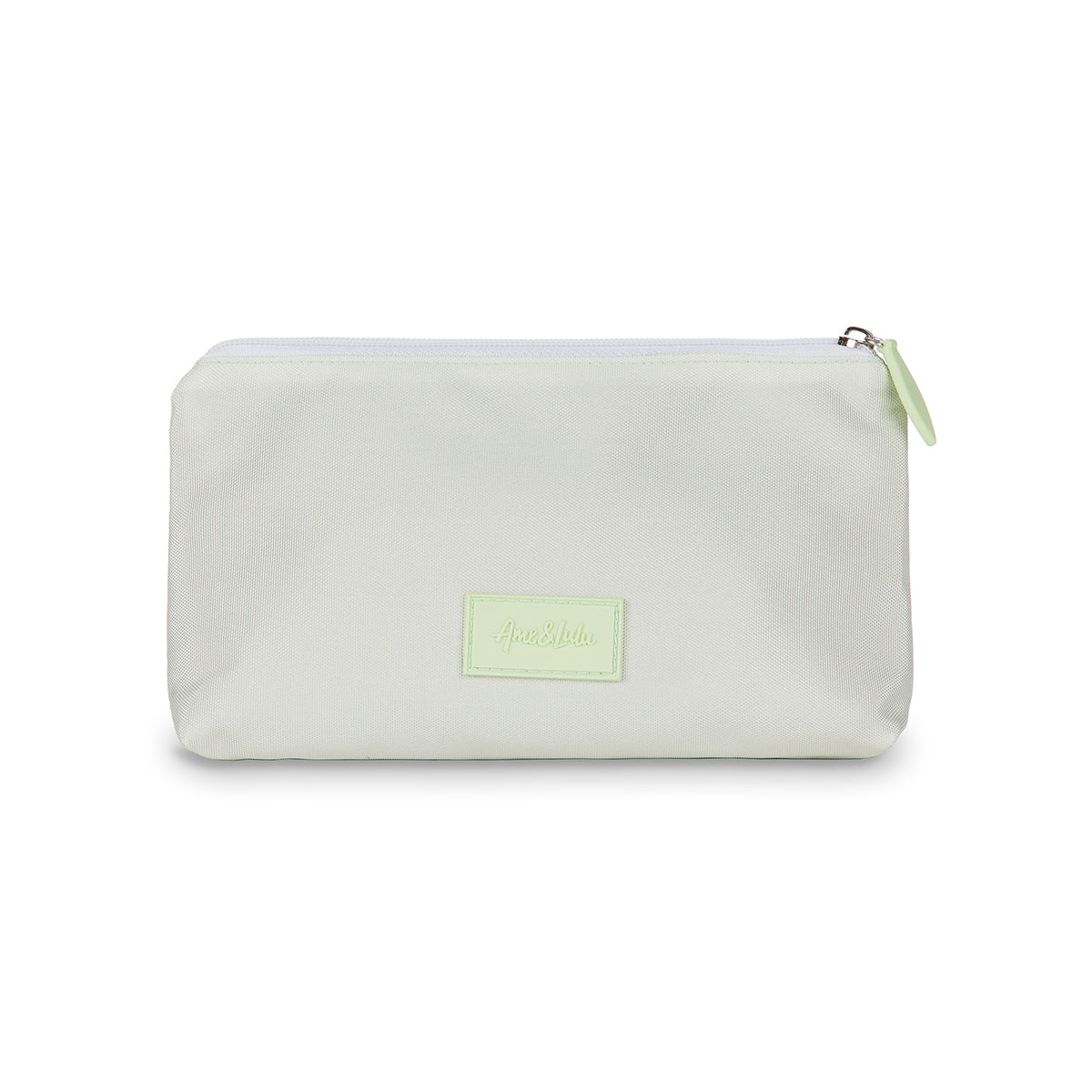 Back view of small everyday pouch with top zipper. Pouch is light green