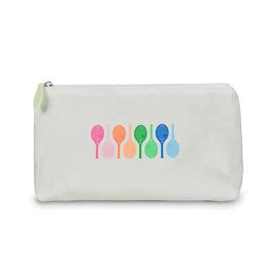 Front view of small everyday pouch with top zipper. Pouch is light green with rainbow racquets printed across front.