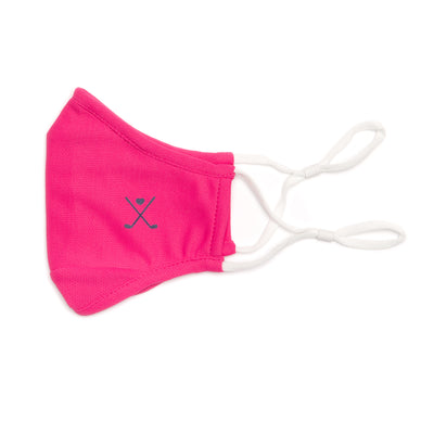 hot pink face mask with navy crossed golf club printed on one side