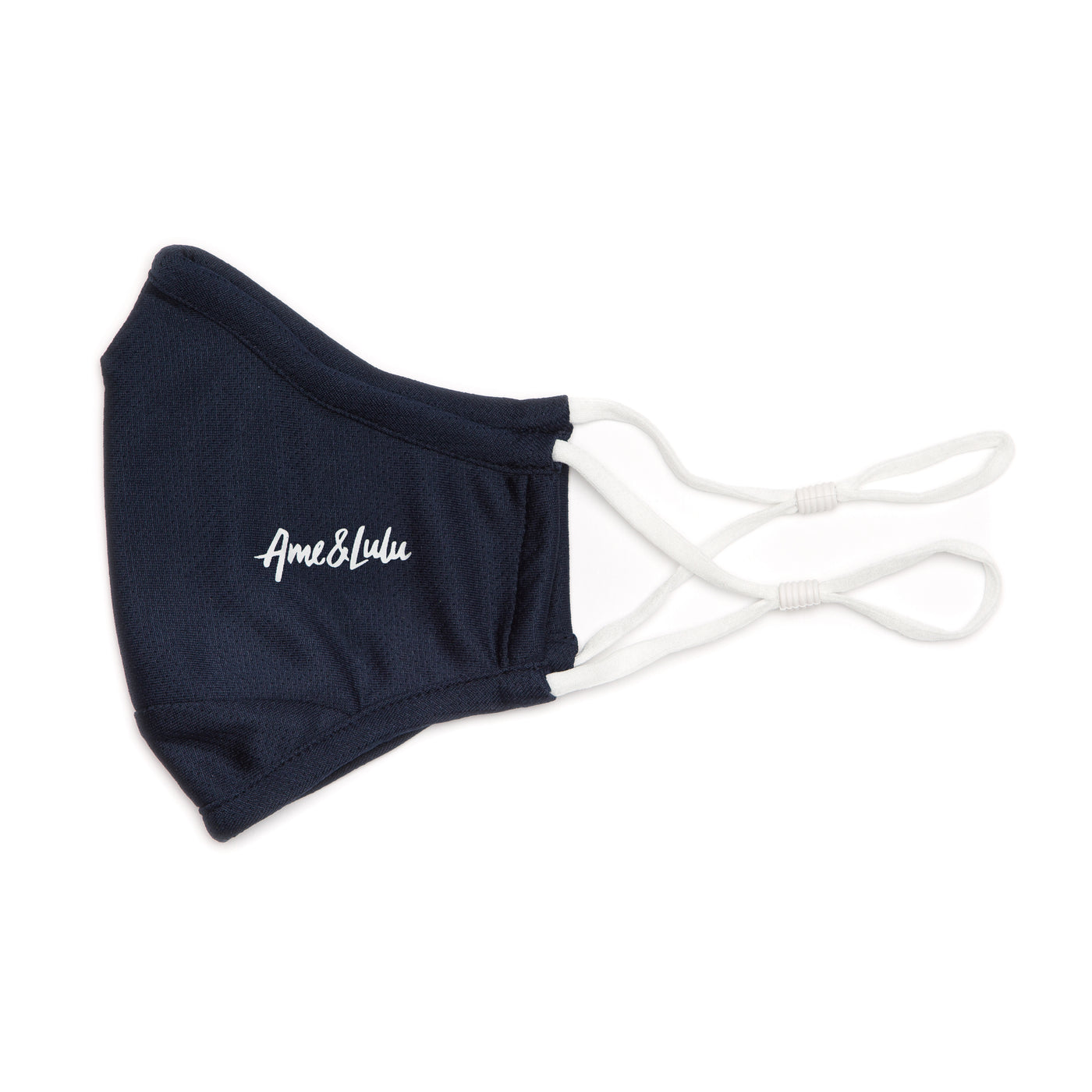 navy face mask with white Ame and Lulu logo printed on one side