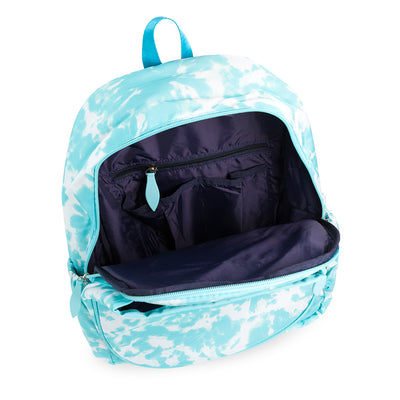 Inside view of aqua blue tie dye pattern game on tennis backpack. Backpack has pockets inside