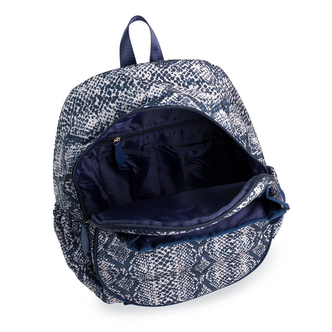 Inside view of navy and grey snakeskin pattern tennis backpack. Game on tennis backpack has pockets inside.
