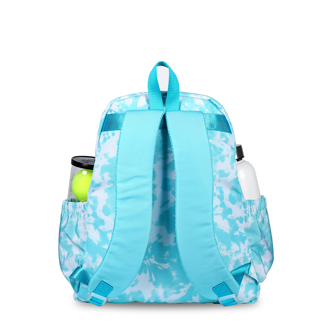 Back view of aqua blue tie dye pattern game on tennis backpack. Tennis backpack has water bottle and tennis balls in side pockets.