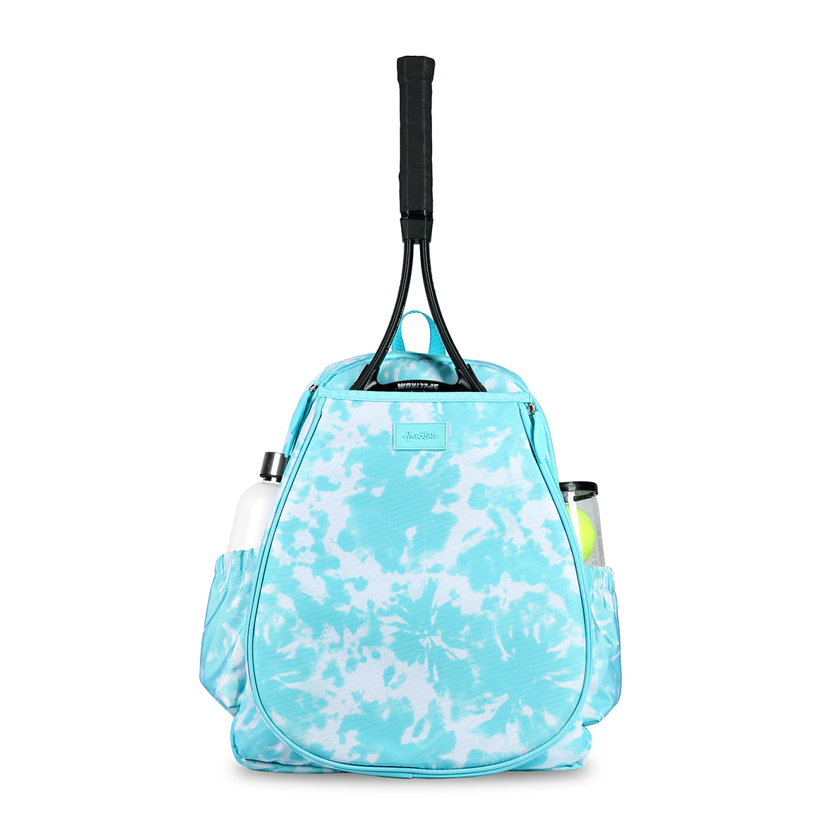 Front view of aqua blue tie dye pattern game on tennis backpack. Tennis backpack has water bottle and tennis balls in side pockets.