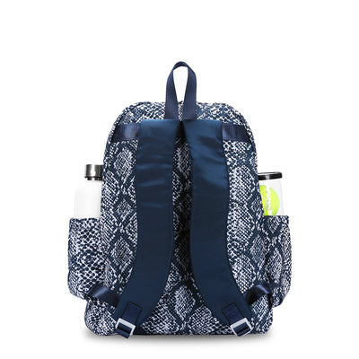 Back view of navy and grey snakeskin pattern tennis backpack. Game on tennis backpack has water bottle and tennis balls in side pockets.