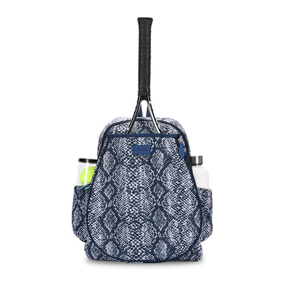 Front view of navy and grey snakeskin pattern tennis backpack. Game on tennis backpack has water bottle and tennis balls in side pockets.