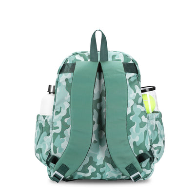 Back view of olive green camo game on tennis backpack. Backpack has water bottle and tennis balls in side pockets.